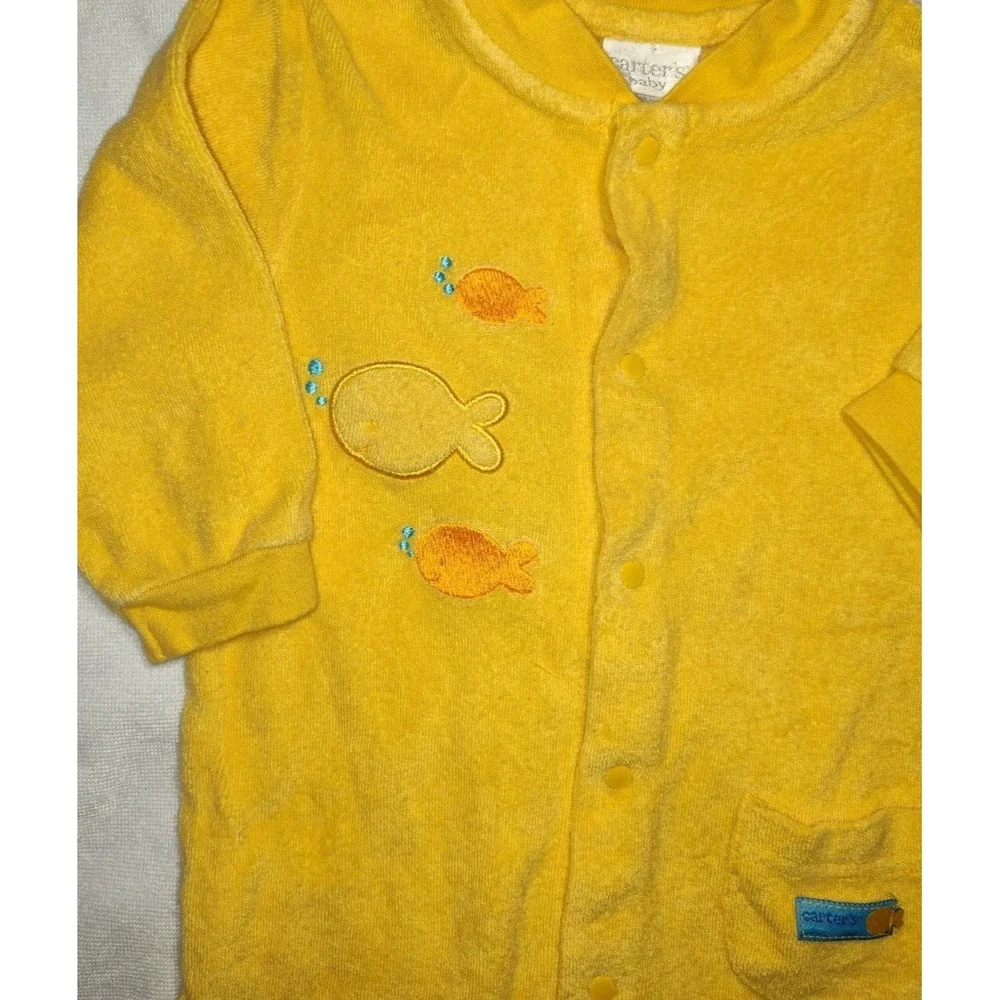 Vtg Carter's Goldfish Terry Cloth Footed Sleeper Baby 6 9 Mos Yellow Fish Unisex